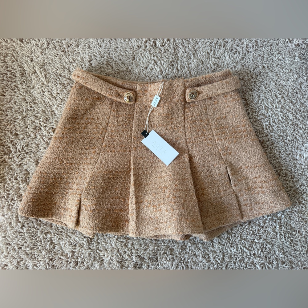 Astr Camel Bouclé Pleated Mini Skirt with Gold Buttons